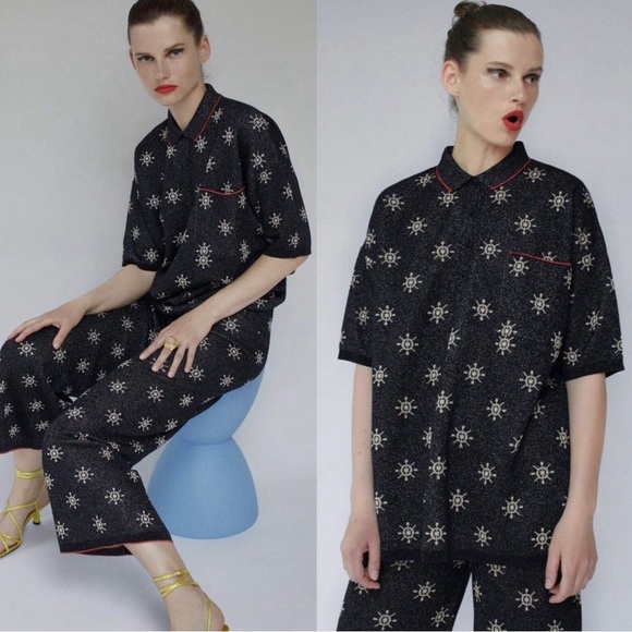 ZARA Printed Sweater Knit Matching Set Navy Blue Metallic Women’s Size Small - Picture 1 of 12